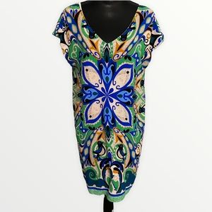 Maeve Sheath Dress Medium Blue Green Tan Print Pullover V-neck Sleeveless
